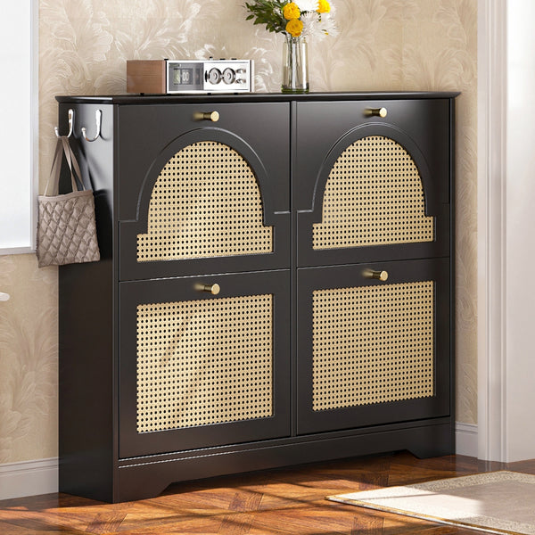 Mid-Century Narrow Design Tipping Bucket Shoe Cabinet with 4 Flip Drawers, Elegant Entryway Shoe Organizer with 4 Rattan Doors, Freestanding Shoe Rack with 2 Silvery Hooks for Hallway, Black, 42.1'W