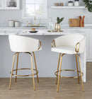 26' Contemporary Fixed-Height Counter Stool with Swivel in Gold Metal and White Faux Leather with Round Gold Metal Footrest  - Set of 2