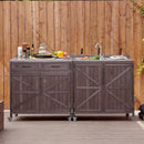 K&K Outdoor Kitchen Island Series - 2 Piece Modular Solid Wood Set, 304 Sink Stainless Steel Station w/ Faucet, Drawer, 2 Door Shelves, Outdoor Storage Cabinet w/ Wheels for Backyard, Patio, Dark Brow