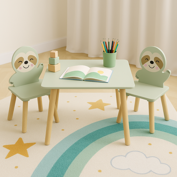 Kids Table and Chair Set with 2 Cute Sloth Chairs, Wooden Toddler Activity Table, Cute Animal Design Play & Study Set for Playroom, Bedroom, Classroom – Sage Green & Wood