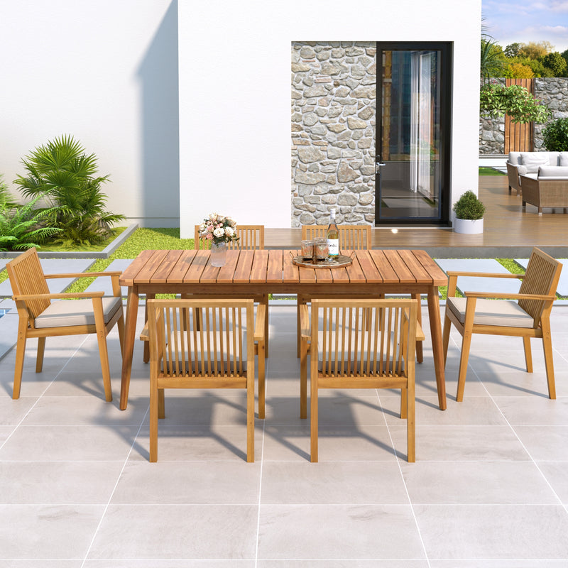 7-Piece Acacia Wood Outdoor Dining Set, 72'W Slatted Table & 6 Chairs with Removable Cushions for Patio Garden