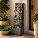 39.4' Outdoor Water Fountain, Tall 4-Tier Cascading Waterfall Fountain with Warm LED Lights, Stone-Look Resin Water Feature with Quiet Pump for Patio Garden Porch Entryway Backyard Decor