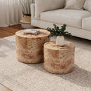 Nesting Coffee Table Set of 2, Modern Round Coffee Table, Wooden Circle Accent Tables for Small Spaces Living Room Bedroom Balcony Office Drum Side Table, Natural Burl