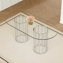 71 inch oval tempered glass dining table,silver double column light luxury style,tempered glass scratch resistant and easy to clean.Suitable for 6-8 people dining,modern light luxury restaurant table.