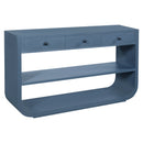 Modern Curved Console Table with 3 Soft-Close Drawers & 2 Open Shelves, Solid Wood Base, Blue Finish, Pine Base, 55 x 15 x 32 Inches