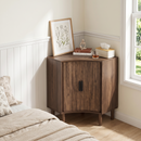 Fluted Corner Cabinet, Small Corner Floor Cabinet with Sliding Doors and Adjustable Shelves, Modern Wooden Freestanding Narrow Storage Cabinet for Small Space,Living Room,Dining Room,Bathroom, Walnut