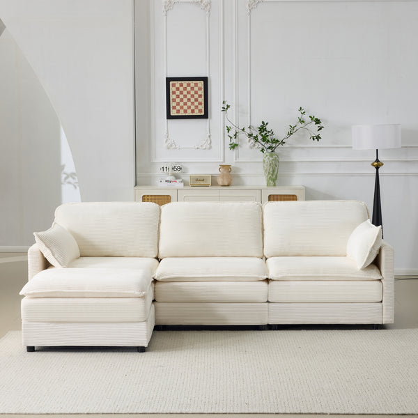 104' Plush Cloud 3 Seater Sofa: Modular 3 Seater Sofa + Ottoman with 22' Beige Chenille Cushions + 2 Throw Pillows - Compact Size for Apartment, Living Room, Bedroom (Beige)