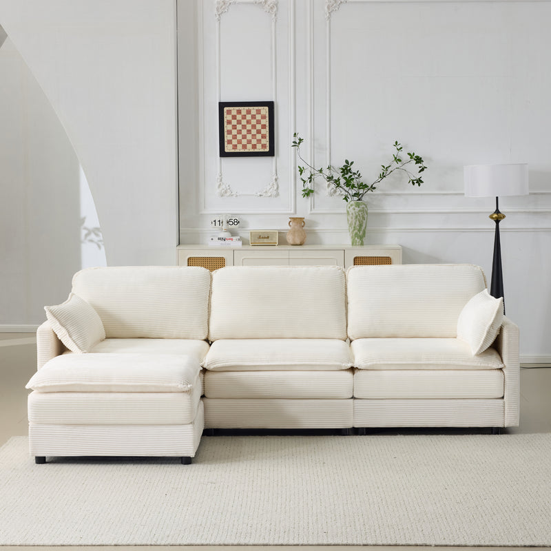 104' Plush Cloud 3 Seater Sofa: Modular 3 Seater Sofa + Ottoman with 22' Beige Chenille Cushions + 2 Throw Pillows - Compact Size for Apartment, Living Room, Bedroom (Beige)