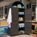 K&K 72' Tall Arched Wicker Outdoor Storage Cabinet with Shelves, 4-Door Outdoor Rattan Vertical Storage Shed with Adjustable Shelves, Outdoor Towel Holder for Garden, Backyard, Pool, Brown & Black