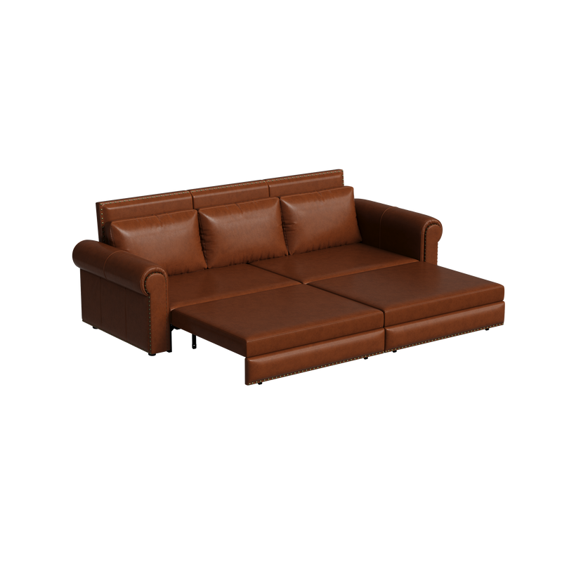 93.7 ' Pull Out Sofa Bed, 3-in-1 Light Brown Faux Leather Convertible Sleeper Sofa with Nailhead Trim & Rolled Arm,Multi-Functional Sofa Bed for Living Room,Bedroom,Apartment,Office