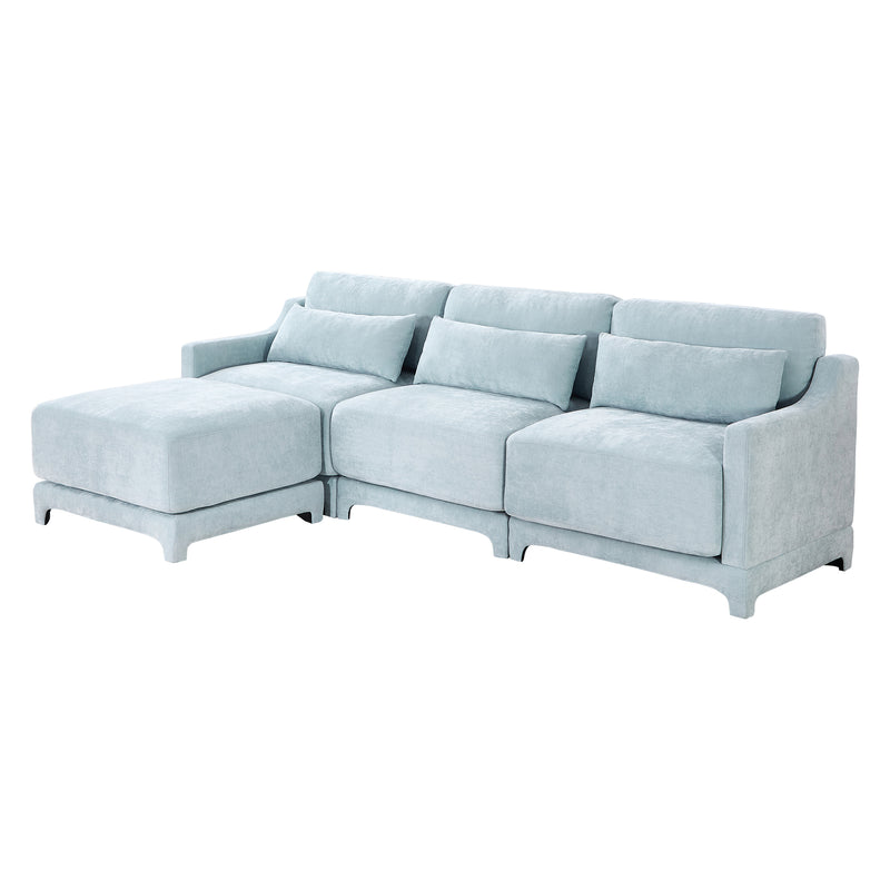 Sky Blue Three-Seater Chenille Sofa with Movable Ottomans, High-Resilience Sponge, Easy Install