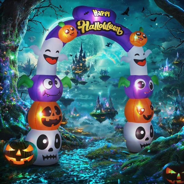 Inflatable Halloween Archway with Pumpkin Skulls Ghosts Bats Archway Beams and Yellow Lettering