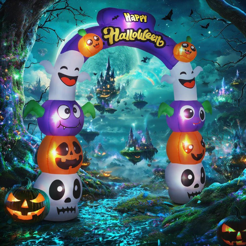 Inflatable Halloween Archway with Pumpkin Skulls Ghosts Bats Archway Beams and Yellow Lettering