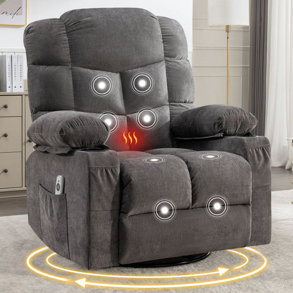 Oversized Massage Swivel Recliner Chair with Lumbar Heating for Living Room Rocker Recliner with Cup Holders and USB Charge Port, for Adult
