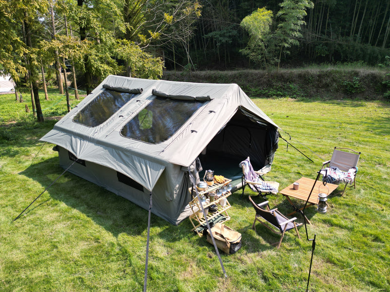 9.8 x13ft  Inflatable Camping Tents with Hand Pump, Air Glamping Tents, Easy Setup Waterproof and Windproof Blow up Tent, 4 Seasons Oxford Cabin Tent with Mesh & Chimney Window. Army green