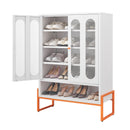 Modern Minimalist Double Door Shoe Cabinet with Adjustable Mesh Doors in White Metal, 31.49 x 13.77 x 46.45 Inches