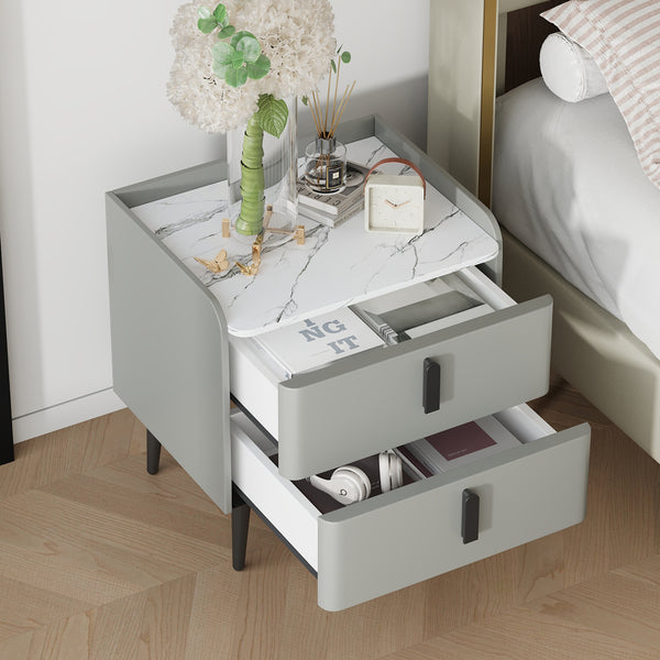 Nightstand with 2 Drawers, Night Stand with Marble-Pattern Tabletop, Modern Beside Table for Bedroom, End Table for Living Room, Gray