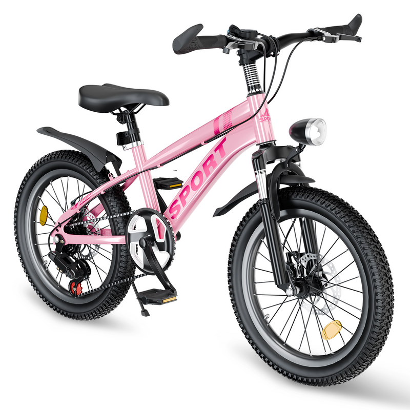FKZNPJ 20 Inch Kids Mountain Bike for Boys & Girls Ages 7-12 – 7-Speed Gears, Dual Disc Brakes, Shock Absorber Front Fork, LED Light – Silver & Pink