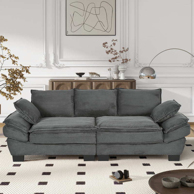 U-Style 85.4' Modern Curved Sofa, Back Upholstered Couch with 2 Decorative Throw Pillows, Corduroy Fabric Couch for Living Room, Bedroom , Apartment