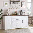 63' Farmhouse Barn Door Storage Cabinet with 2 Drawers & Door Rack, Large Buffet Table Coffee Bar Cabinets with Adjustable Shelves for Kitchen, Living Room, Entryway, Dining Room, White