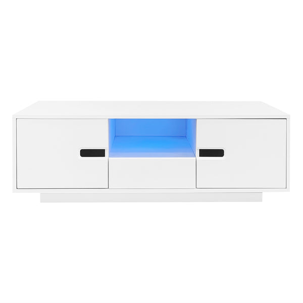 U-Can Modern High Glossy Rectangle Coffee Table, Stylish Center Table with Storage Space, Accent Furniture with 16 Color LED Lights for Living Room