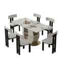 63' Modern 4-6 Person Dining Table Set with Storage in Burnt Stone Top & Gold Solid Wood Base, Includes 6 White Velvet Chairs for Kitchen, Apartment