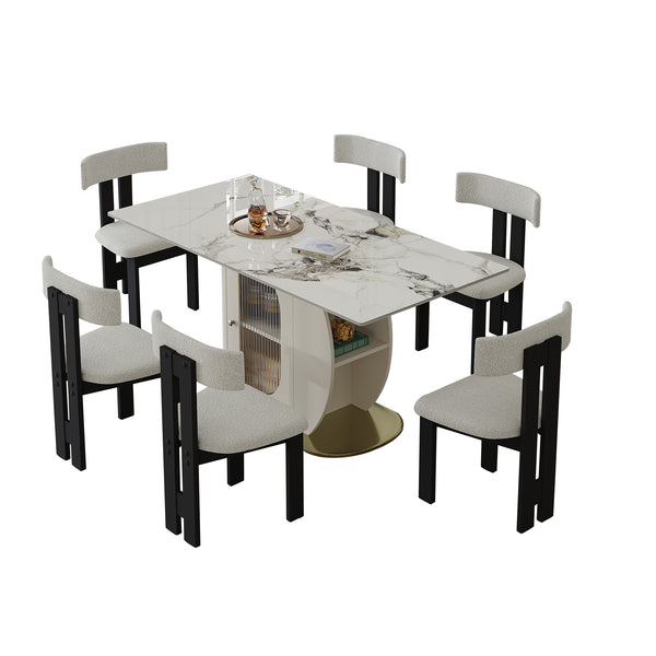 63' Modern 4-6 Person Dining Table Set with Storage in Burnt Stone Top & Gold Solid Wood Base, Includes 6 White Velvet Chairs for Kitchen, Apartment