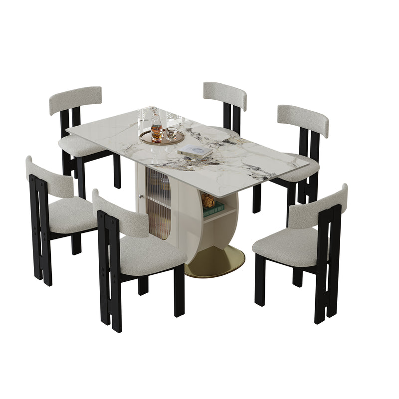 63' Modern 4-6 Person Dining Table Set with Storage in Burnt Stone Top & Gold Solid Wood Base, Includes 6 White Velvet Chairs for Kitchen, Apartment