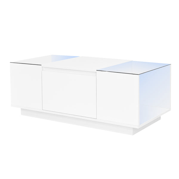U-Can Led Coffee Table, Modern Center Table with High-Gloss Finish and Glass Tabletop, Coffee Table with Open Storage Compartment and 2 Hidden Drawers for Living Room