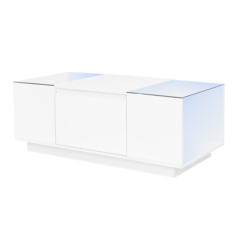 U-Can Led Coffee Table, Modern Center Table with High-Gloss Finish and Glass Tabletop, Coffee Table with Open Storage Compartment and 2 Hidden Drawers for Living Room