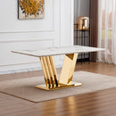 Marble Dining Table for 6 People, 70'' Rectangle Faux Marble Dining Table with Mirrored Finish Stainless Steel Base, Modern Large Size Marble Kitchen Table (Gold,White)(only table)
