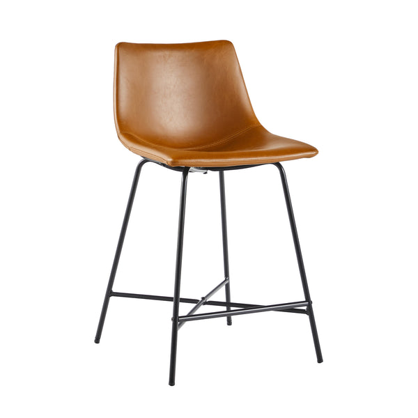 Modern Upholstered Counter Stool with Metal X Base, Set of 2, Whiskey Brown
