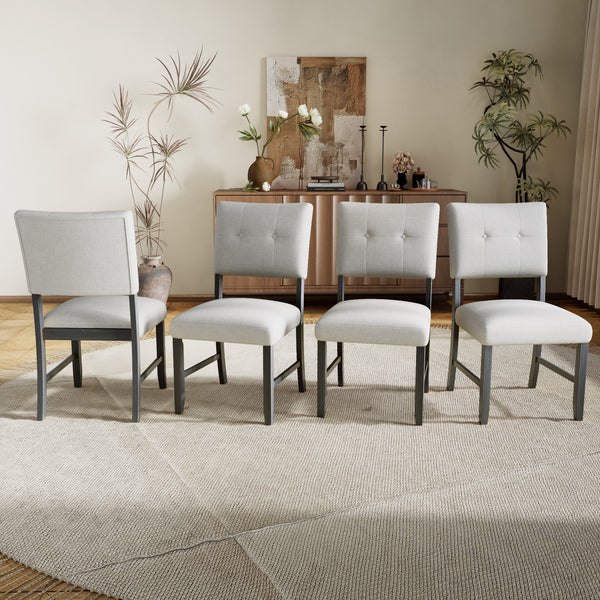 Wooden Dining Chairs Set of 4, Modern Fabric Upholstered Kitchen Side Chairs, Farmhouse Dining Room Chair with Solid Wood Legs and Padded Seat, Beige + Gray