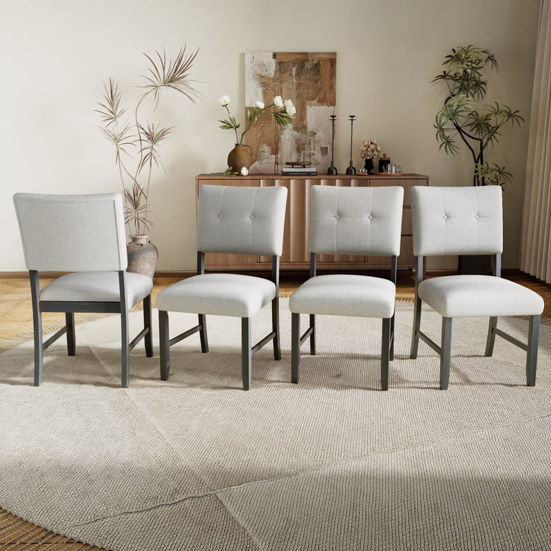 Wooden Dining Chairs Set of 4, Modern Fabric Upholstered Kitchen Side Chairs, Farmhouse Dining Room Chair with Solid Wood Legs and Padded Seat, Beige + Gray
