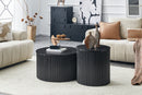 2-Piece Nesting Coffee Table Set, Roman Column Design MDF Round Tables with Built-in Storage, Black Wood Grain Stylish Side Tables for Living Room Bedroom