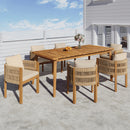 Outdoor Dining Set with Acacia Wood Table and 6 Chairs, Washable Waterproof Cushions, Slatted Tabletop for Patio Garden, Beige