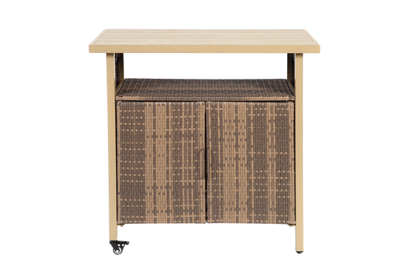 Outdoor Wicker Bar Cart, Patio Wine Serving Cart w/Wheels , Rolling Rattan Beverage Bar Counter Table w/Glass Top for Porch Backyard Garden Poolside Party, Light brown