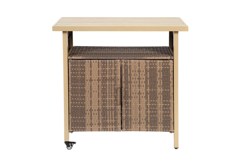 Outdoor Wicker Bar Cart, Patio Wine Serving Cart w/Wheels , Rolling Rattan Beverage Bar Counter Table w/Glass Top for Porch Backyard Garden Poolside Party, Light brown