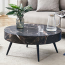 31.5' Black Marble-Patterned MDF Round Coffee Table with black Metal Legs.Adjustable Feet,Coffee table,Round Table Design,MDF Material,Black Marble Pattern.