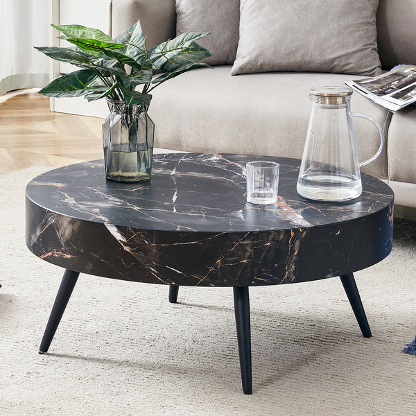 31.5' Black Marble-Patterned MDF Round Coffee Table with black Metal Legs.Adjustable Feet,Coffee table,Round Table Design,MDF Material,Black Marble Pattern.