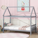 Twin House Bed with Headboard and Footboard, Twin Rubber Wood Bed with House Frame,Light Grey
