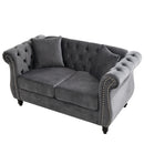 Grey Velvet 2-Seater Chesterfield Sofa with Rolled Arms and Nailhead Trim, Tufted Couch for Living Room, Bedroom, Office, Apartment, Includes 2 Pillows