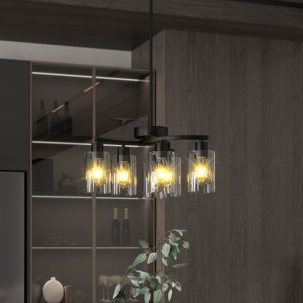 6-Light Modern Farmhouse Black Chandelier, Contemporary Dining Room Light Fixture, Adjustable Height Hanging Industrial Pendant Lights Kitchen Island, Clear Glass Shade