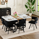 7-Piece Rectangular Dining Table Set, Fixed White Faux Marble & Wood Grain Triamine Tabletop with 6 Black Velvet Chairs, Modern Kitchen Table Set for 6 People, Ideal for Small Spaces
