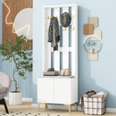 ON-TREND Modern Luxury 4-in-1 Hall Tree with Cushion, Versatile Coat Rack with 8 Gold Hooks and Legs, Entryway Bench with Adjustable Shelves & Fluted Doors for Hallway, Living Room, White, 23.6'*70.8'