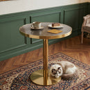 Modern Round Bistro Table, 23.6' Faux Gray Marble Small Dining Table with Gold Pedestal Base & Stainless Steel Edge Banding, High-Gloss UV Top Accent Table for 2, Kitchen Living Room Cafe.
