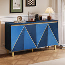 TREXM 60' Retro Buffet Cabinet with Storage, 4-Door Vintage Sideboard Cabinet with Dimensional Effect Doors and Adjustable Shelves for Dining Room, Kitchen, and Living Room (Light and Dark Navy)