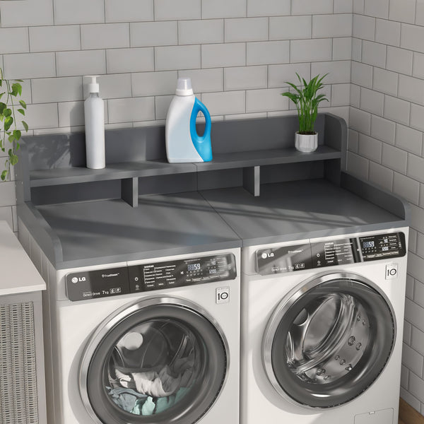 Washer Dryer Countertop with Non-slip Pads, Laundry Wood Shelf Topper with Edge, 54' Width x 27.5' Depth Double Layer Organizer for Washer and Dryer Laundry Hamper Counter Storage Organization (GREY)