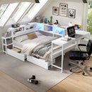 Corner Bed Frame Queen Size with Bookcase and 2 Underbed Storage Drawers, Modern Bed with LED Light and Charging Station, Left and right interchangeable, White