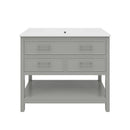 36' Gray Bathroom Vanity with Ceramic Sink, Tip-Out Tray & 2 Full-Extension Drawers, Silver Pulls, Soft Close Slides, MDF Construction